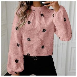 Mandarin Collar Pink Floral Embroidery Long Sleeve Shirt Sz M